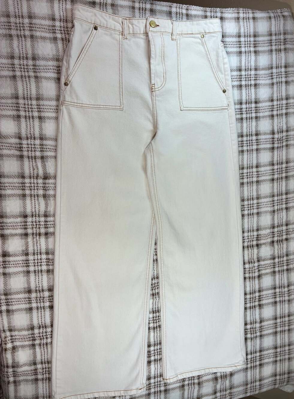 Oat New York Wide Leg Denim Pants P0164-HG Cream Contrast Stitch Women’s Size 12